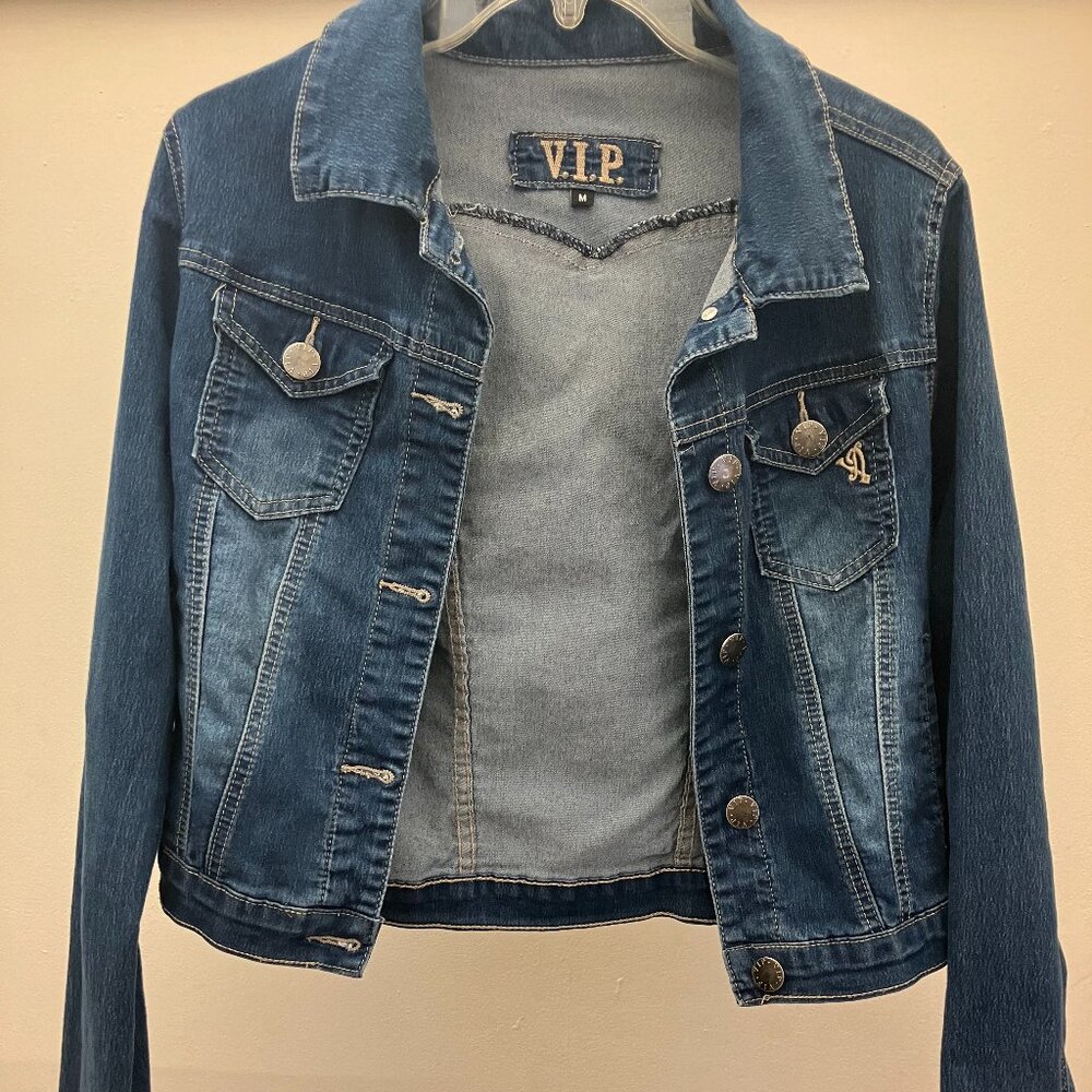 VIP Blue Denim Jean Jacket Women's Size Medium.